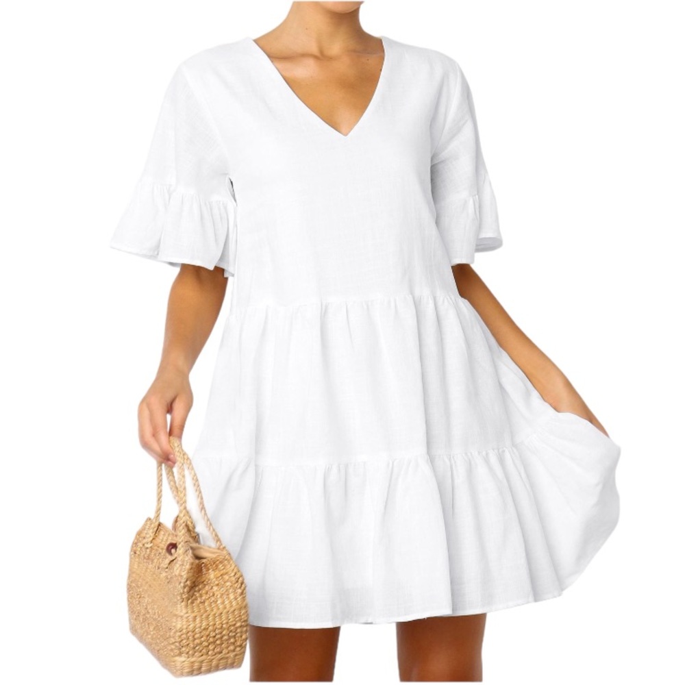 FANCYINN Women’s Shift V-Neck Ruffle Hem Bell Sleeve Mini Dress Size Large NWT